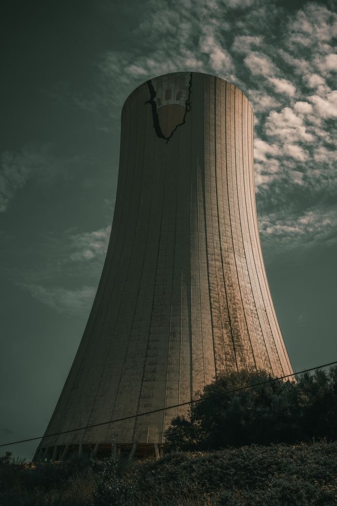 A towering industrial cooling tower captured from below against a partly cloudy sky.
