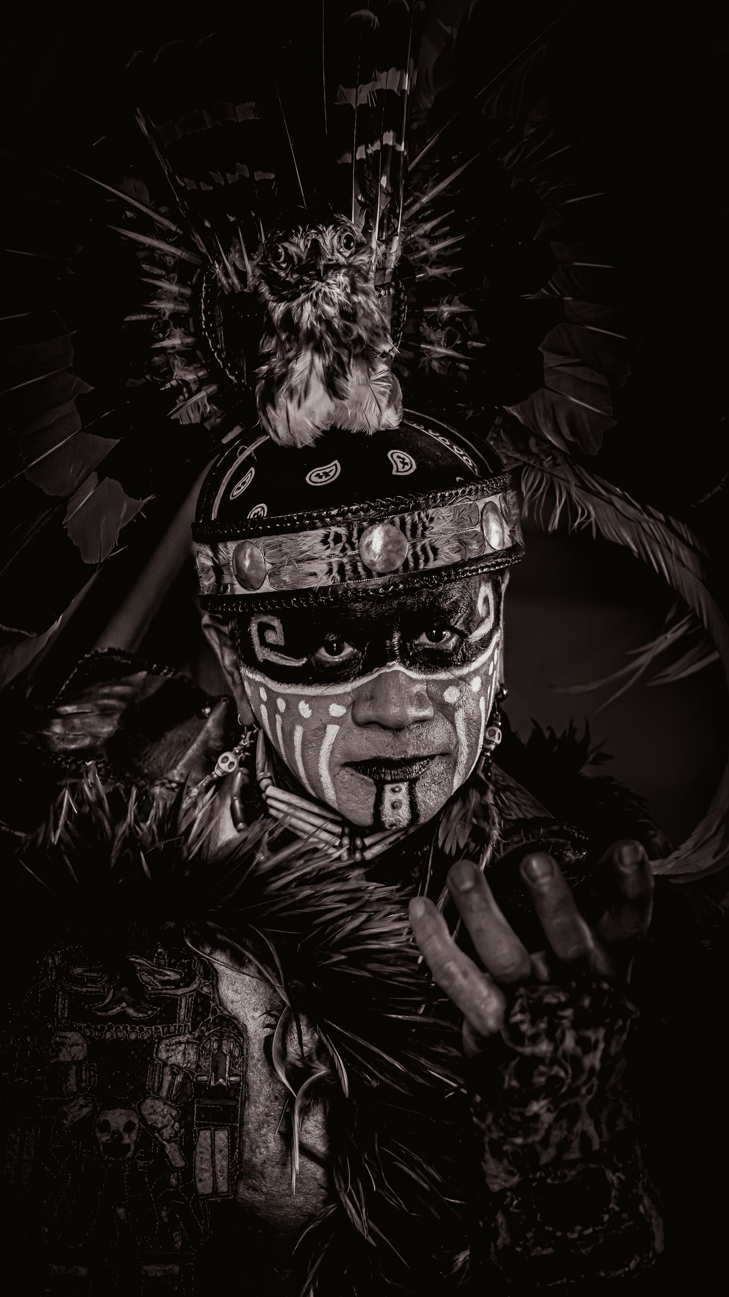 Captivating black and white portrait of a Native American in traditional attire with face paint.